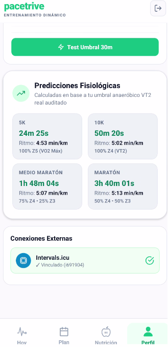 Pantalla conexión intervals pacetrive