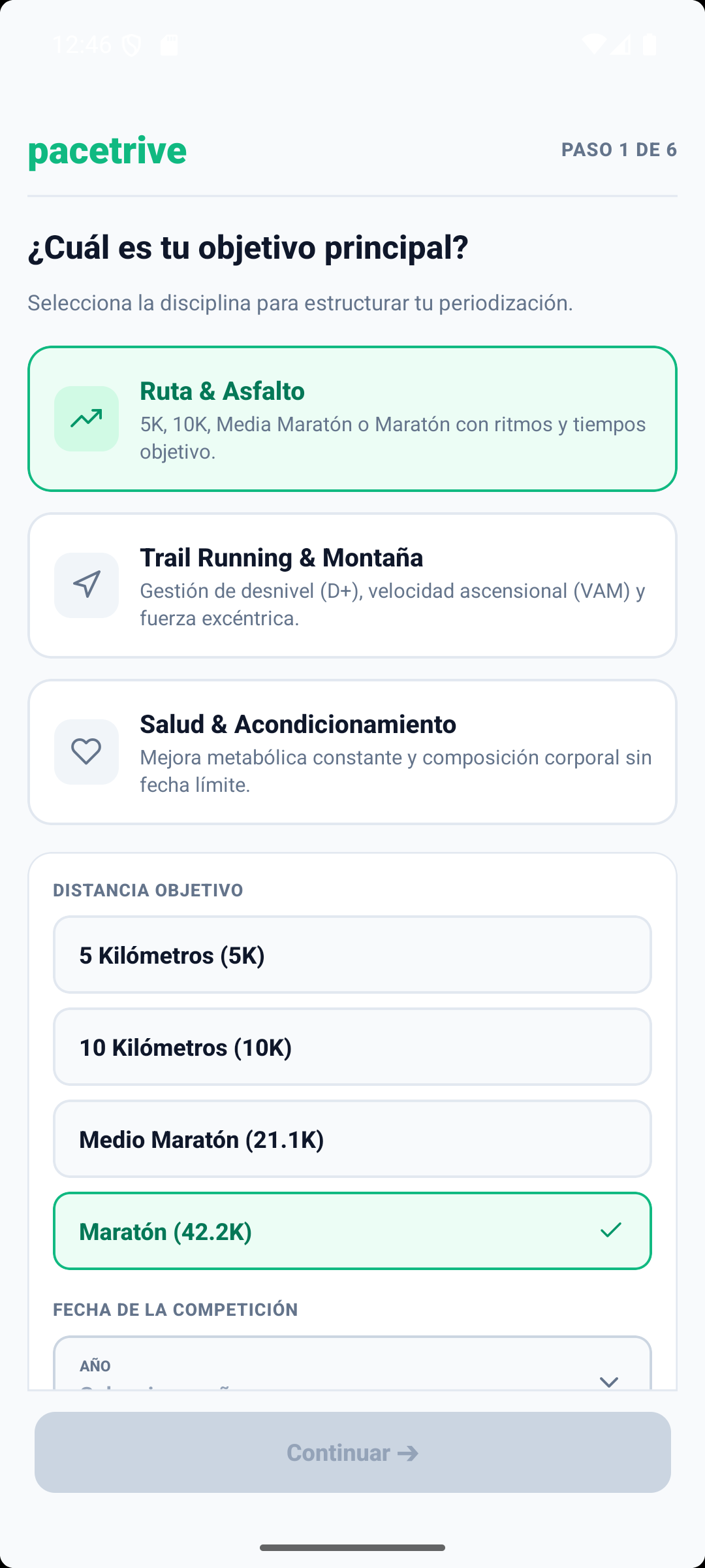 Pantalla onboarding pacetrive